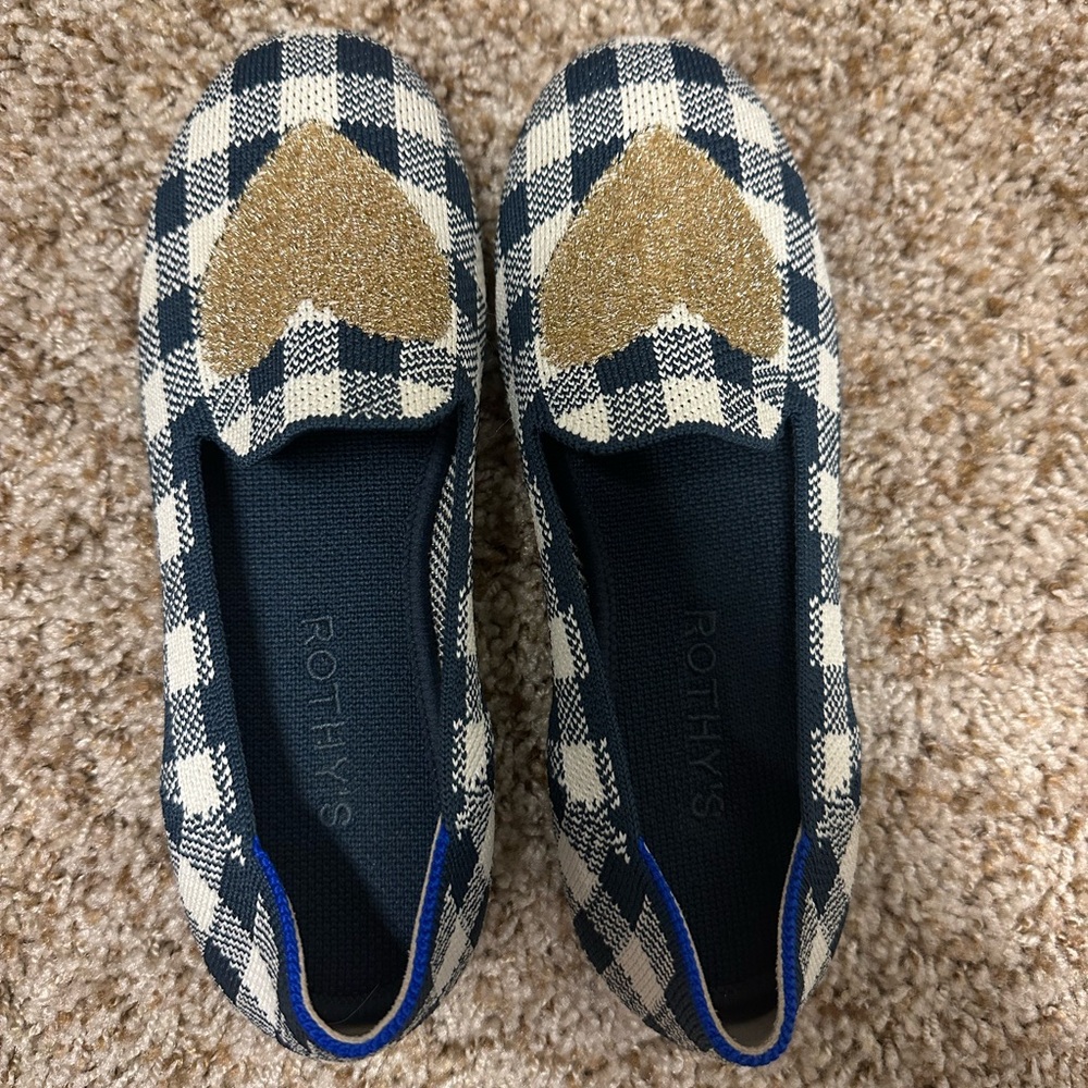 Rothy's Navy Checkered Flats with Gold Heart
